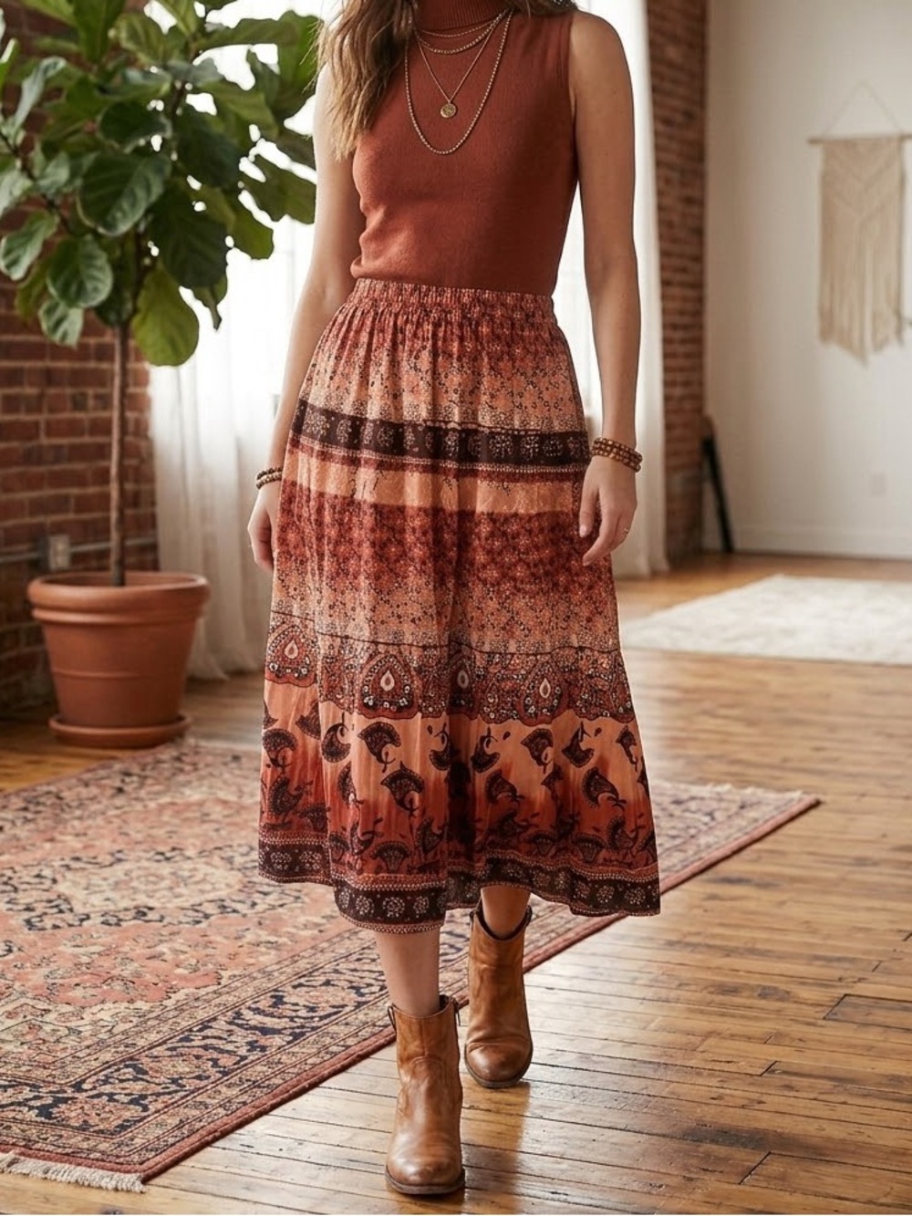 Bohemian Rust Ginko Leaf Fan Paisely Floral Tiered Midi Skirt - Women Size L